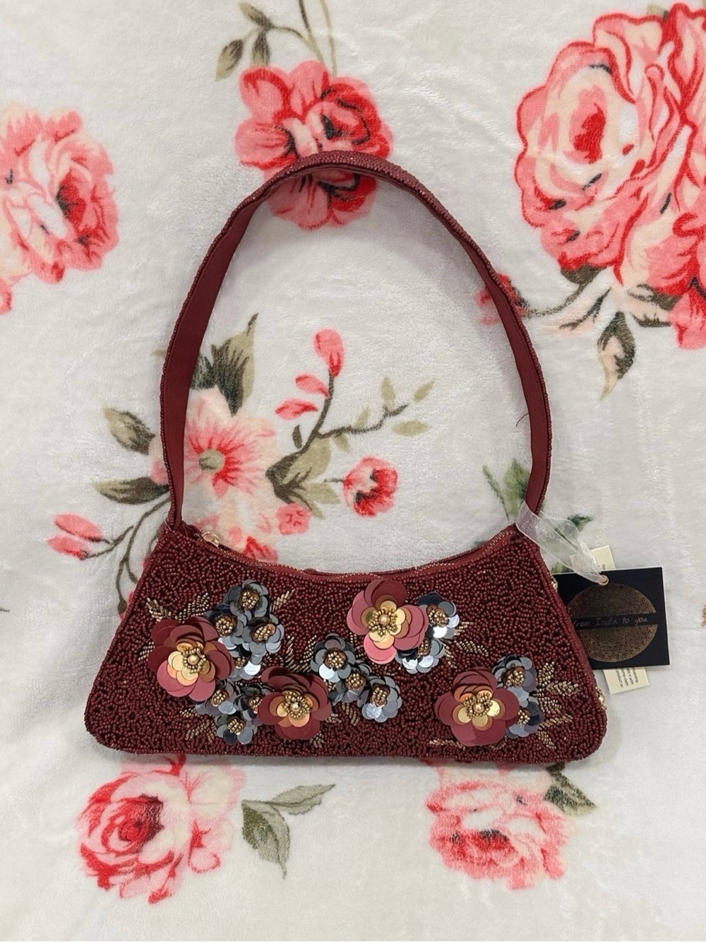Maroon Beaded Shoulder Bag With Floral Design Made in India